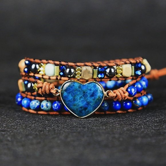 EvelynCreations Jewelry - Natural Blue Apatite Stone Beaded Bracelet Heart Charm Leather Wrapped Bracelet